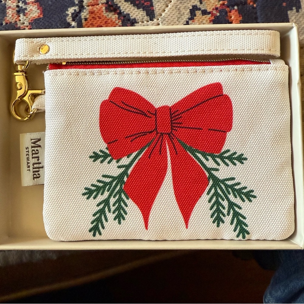 Martha Stewart Cream Canvas Pouch with Red Bow and Cedar Bows - Picture 1 of 3